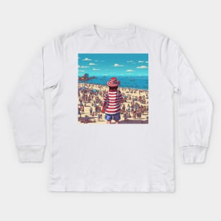 Waldo finds the beach Kids Long Sleeve T-Shirt
